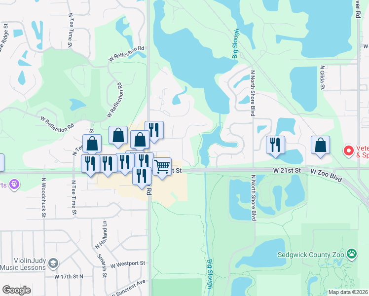 map of restaurants, bars, coffee shops, grocery stores, and more near 2230 North Ridge Road in Wichita