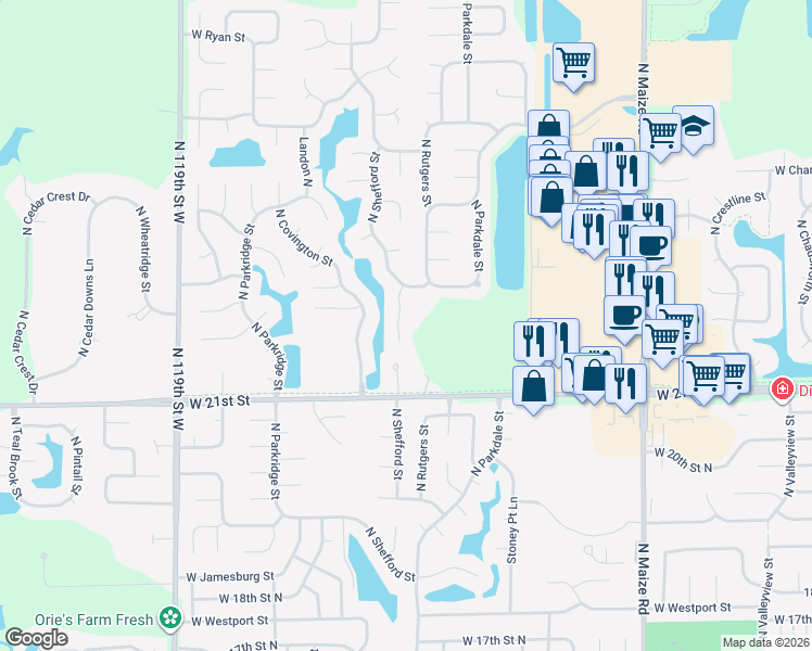 map of restaurants, bars, coffee shops, grocery stores, and more near 2236 North Shefford Circle in Wichita