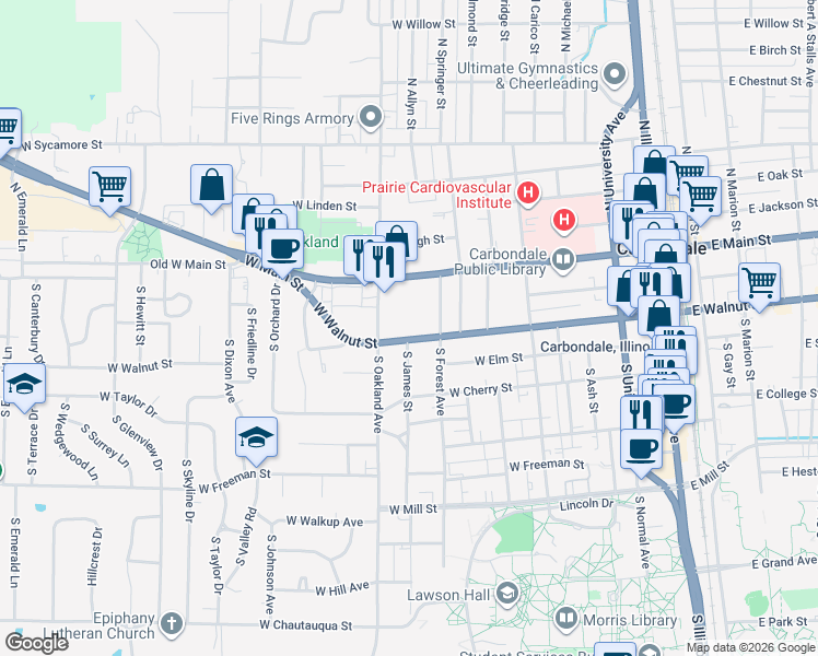 map of restaurants, bars, coffee shops, grocery stores, and more near 810 West Walnut Street in Carbondale