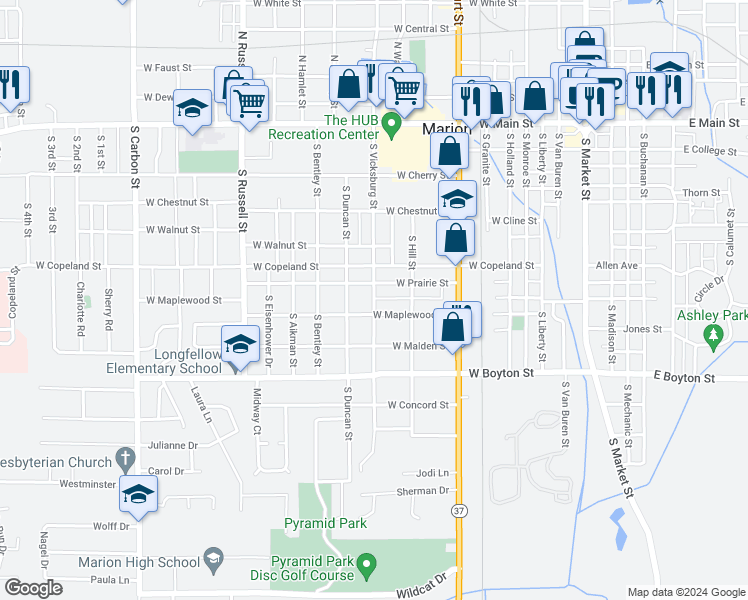 map of restaurants, bars, coffee shops, grocery stores, and more near 701 South Vicksburg Street in Marion