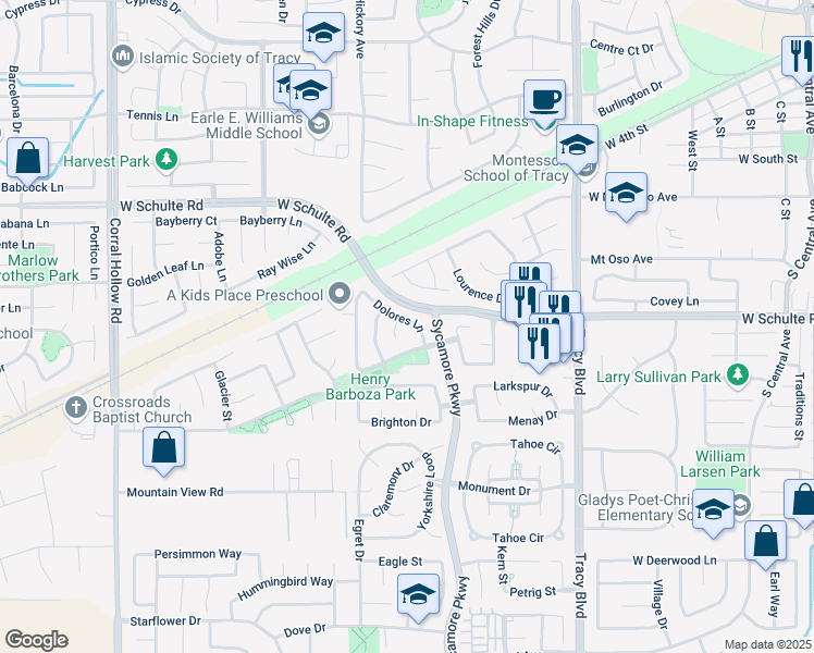 map of restaurants, bars, coffee shops, grocery stores, and more near 1304 Dolores Lane in Tracy