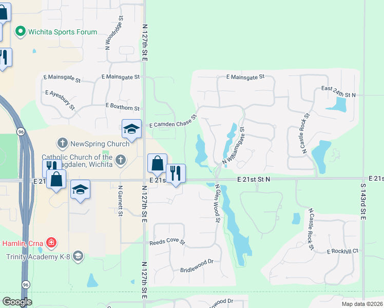 map of restaurants, bars, coffee shops, grocery stores, and more near 2302 Lindsay Circle in Wichita
