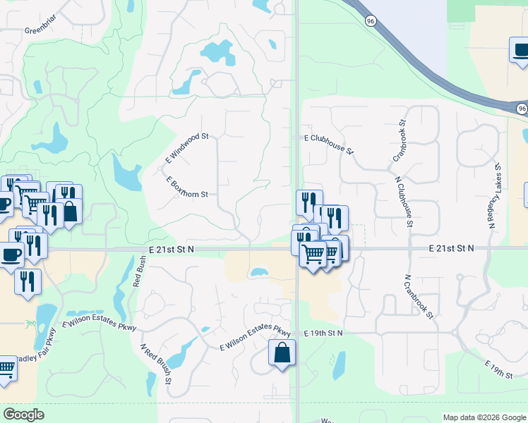 map of restaurants, bars, coffee shops, grocery stores, and more near 9411 East Bent Tree Circle in Wichita