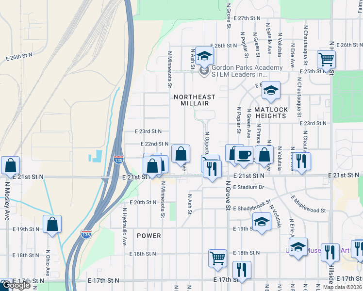 map of restaurants, bars, coffee shops, grocery stores, and more near 2277 North Piatt Street in Wichita