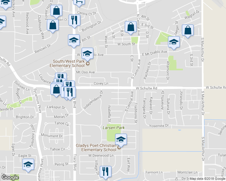 map of restaurants, bars, coffee shops, grocery stores, and more near 135 Albert Court in Tracy