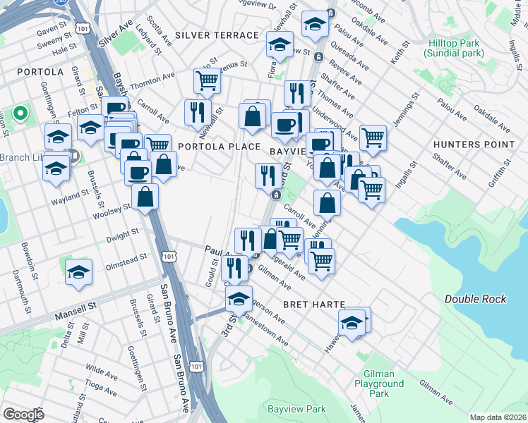 map of restaurants, bars, coffee shops, grocery stores, and more near 5912 3rd Street in San Francisco
