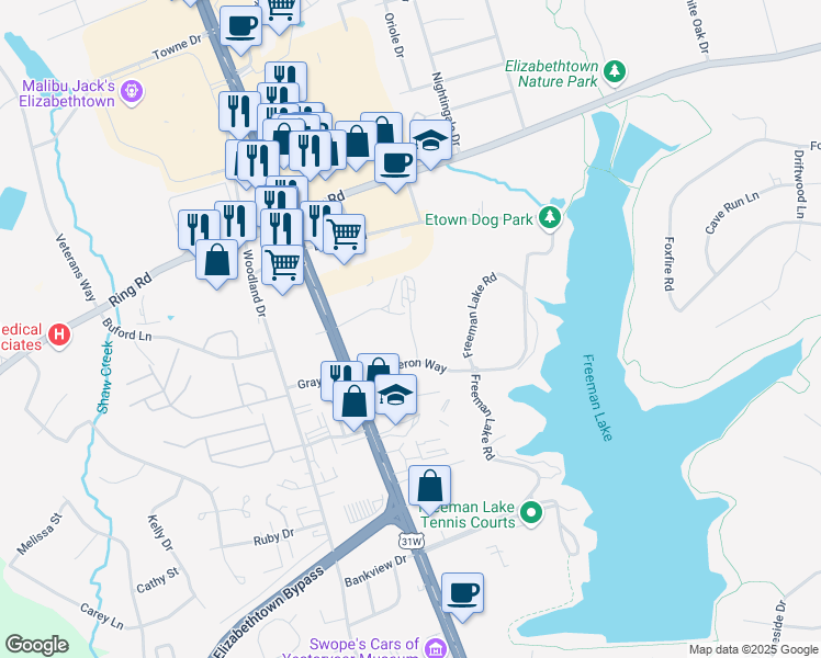 map of restaurants, bars, coffee shops, grocery stores, and more near Cranes Roost Court in Elizabethtown