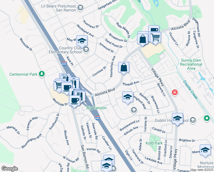 map of restaurants, bars, coffee shops, grocery stores, and more near 8975 Alcosta Boulevard in San Ramon