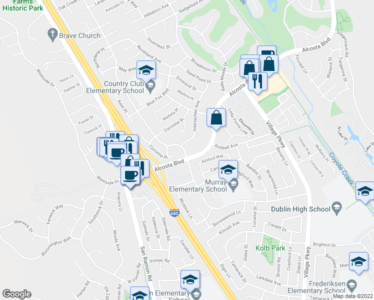 map of restaurants, bars, coffee shops, grocery stores, and more near 122 Alcosta Boulevard in San Ramon