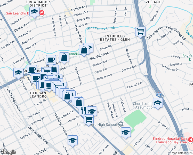 map of restaurants, bars, coffee shops, grocery stores, and more near 1550 Bancroft Avenue in San Leandro