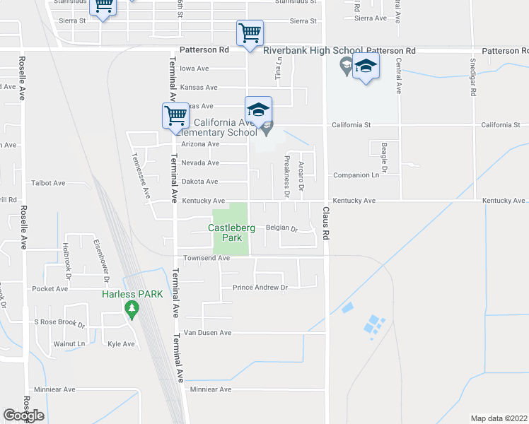 map of restaurants, bars, coffee shops, grocery stores, and more near 5919 Man-O-War Court in Riverbank