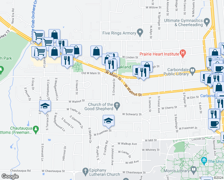 map of restaurants, bars, coffee shops, grocery stores, and more near 300 South Orchard Drive in Carbondale