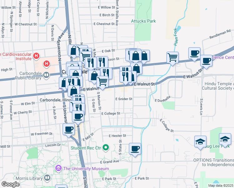 map of restaurants, bars, coffee shops, grocery stores, and more near 403 South Logan Avenue in Carbondale