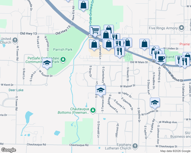 map of restaurants, bars, coffee shops, grocery stores, and more near 216a South Emerald Lane in Carbondale