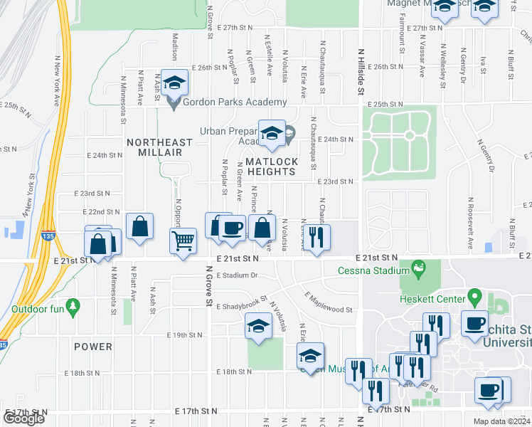 map of restaurants, bars, coffee shops, grocery stores, and more near 2311 North Estelle Street in Wichita