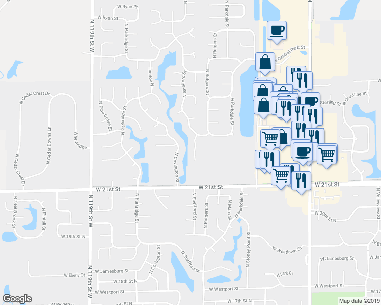map of restaurants, bars, coffee shops, grocery stores, and more near 2237 North Shefford Circle in Wichita