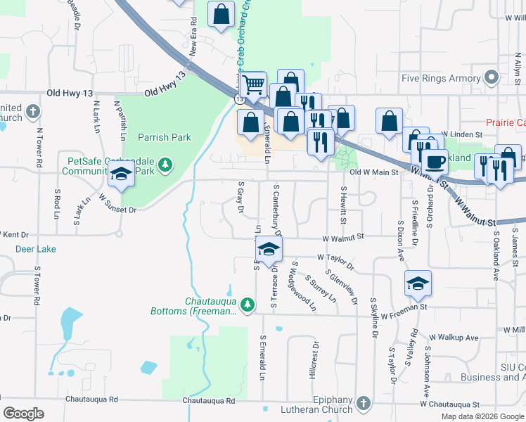 map of restaurants, bars, coffee shops, grocery stores, and more near 216a South Emerald Lane in Carbondale