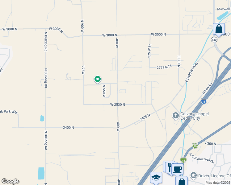 map of restaurants, bars, coffee shops, grocery stores, and more near 2601 Northfield Road in Cedar City
