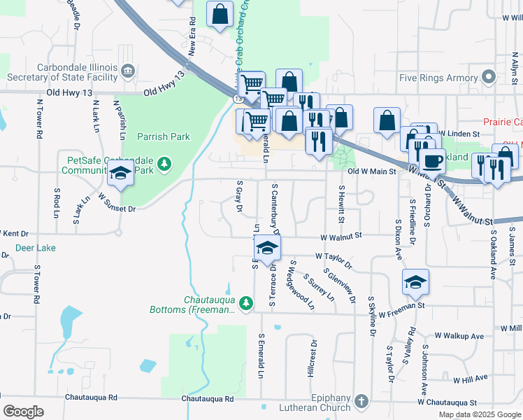map of restaurants, bars, coffee shops, grocery stores, and more near 215 South Emerald Lane in Carbondale