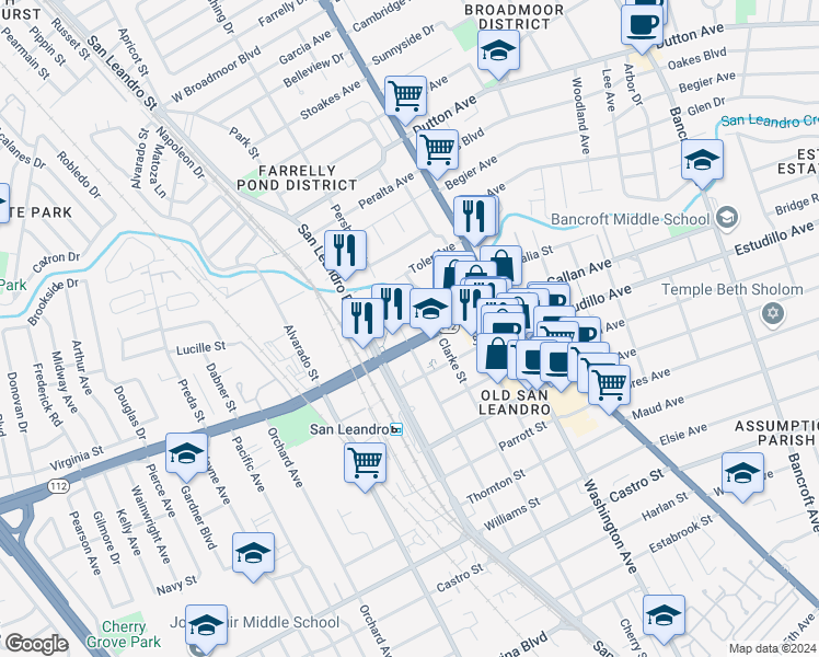 map of restaurants, bars, coffee shops, grocery stores, and more near in San Leandro