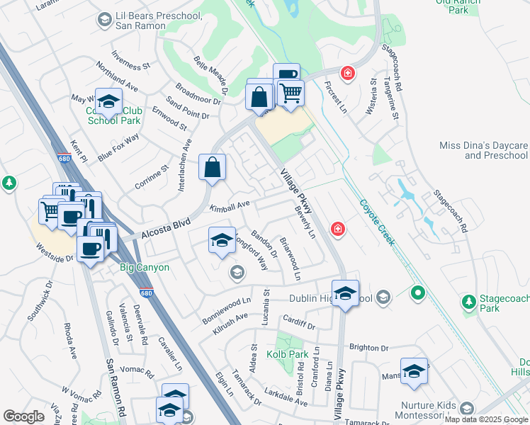 map of restaurants, bars, coffee shops, grocery stores, and more near 8672 Beverly Lane in Dublin