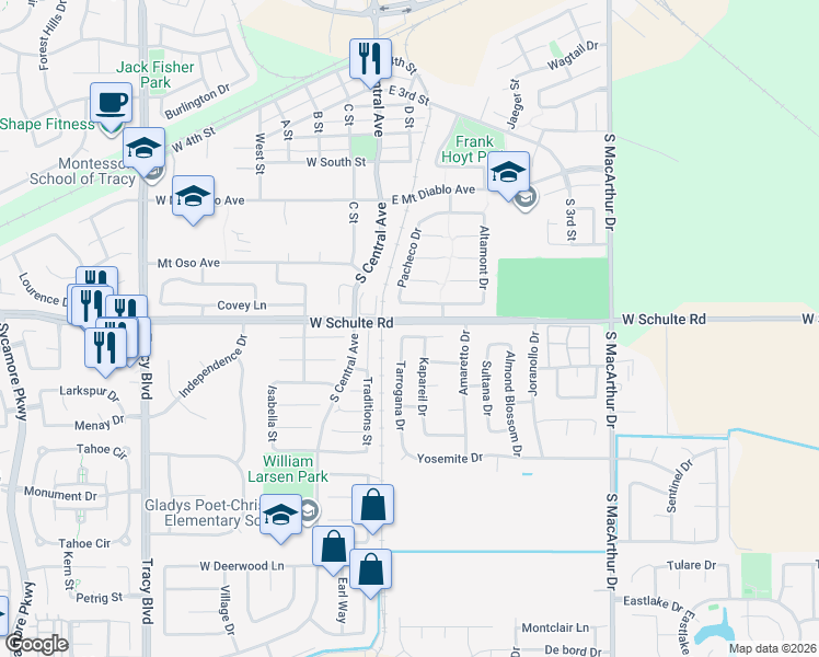 map of restaurants, bars, coffee shops, grocery stores, and more near 55 Carmel Way in Tracy