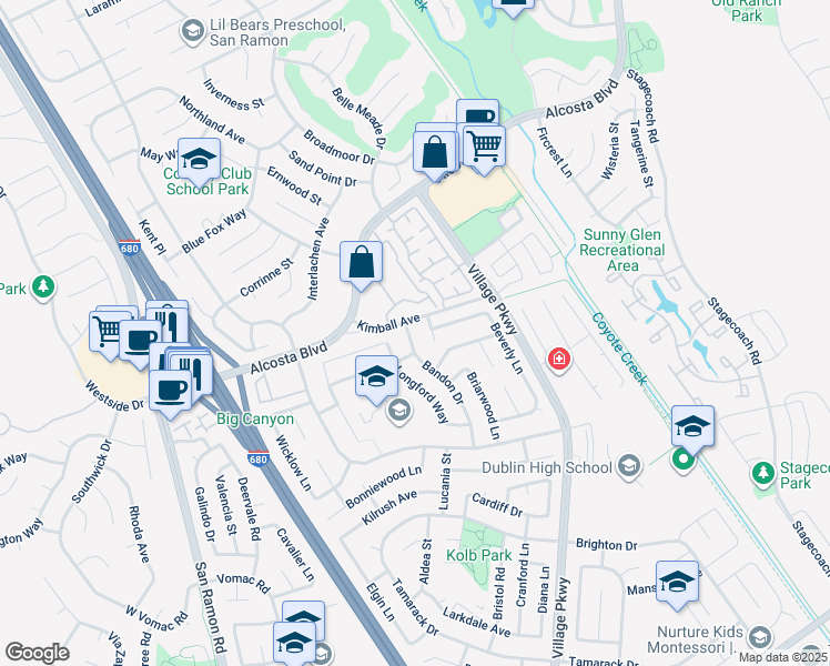 map of restaurants, bars, coffee shops, grocery stores, and more near 8672 Beverly Lane in Dublin