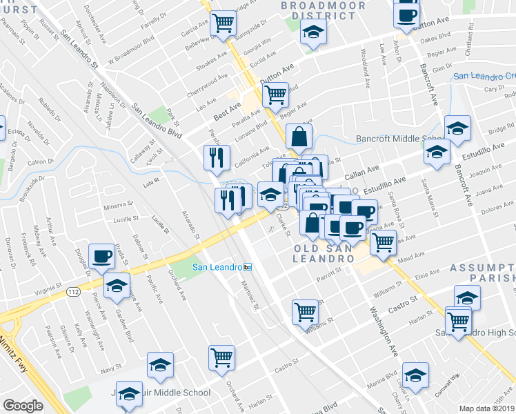 map of restaurants, bars, coffee shops, grocery stores, and more near 440 Davis Street in San Leandro