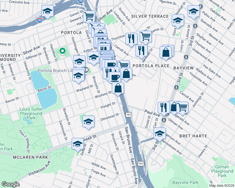 map of restaurants, bars, coffee shops, grocery stores, and more near 1500 Bayshore Boulevard in San Francisco