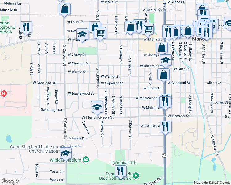 map of restaurants, bars, coffee shops, grocery stores, and more near 701-711 South Aikman Street in Marion