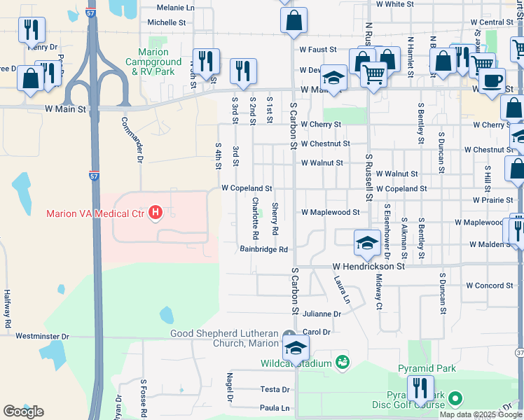 map of restaurants, bars, coffee shops, grocery stores, and more near 409 Charlotte Road in Marion