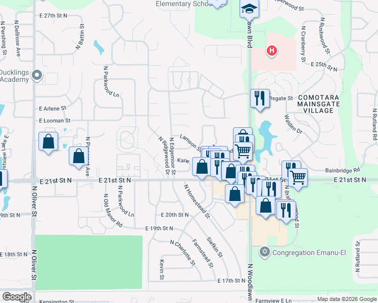 map of restaurants, bars, coffee shops, grocery stores, and more near 5813 East 22nd Street North in Wichita