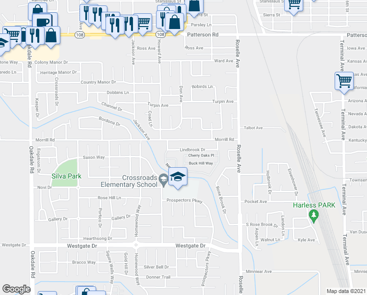 map of restaurants, bars, coffee shops, grocery stores, and more near 2749 Lindbrook Drive in Riverbank