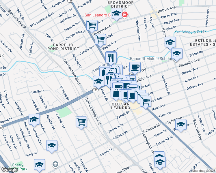 map of restaurants, bars, coffee shops, grocery stores, and more near 1255 Hays Street in San Leandro