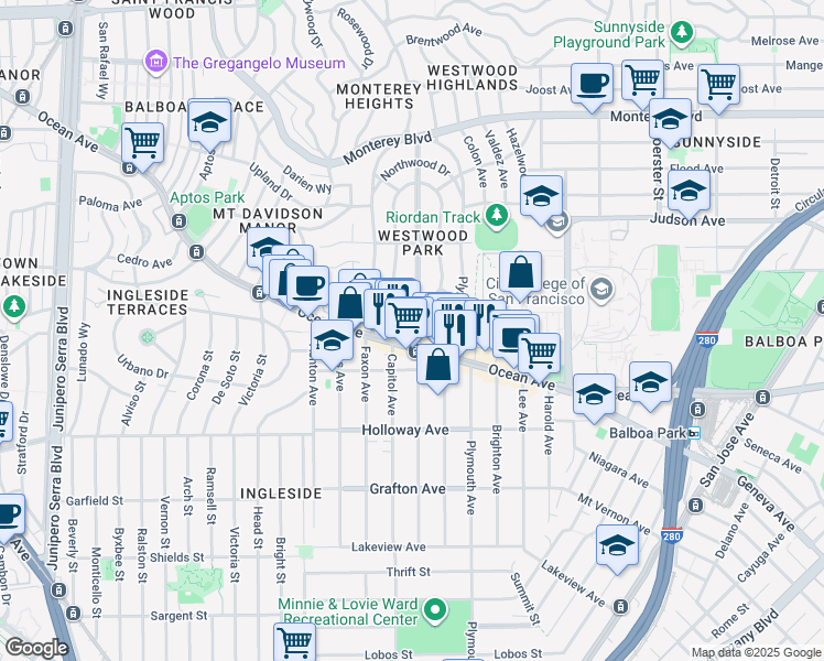 map of restaurants, bars, coffee shops, grocery stores, and more near 345 Miramar Avenue in San Francisco