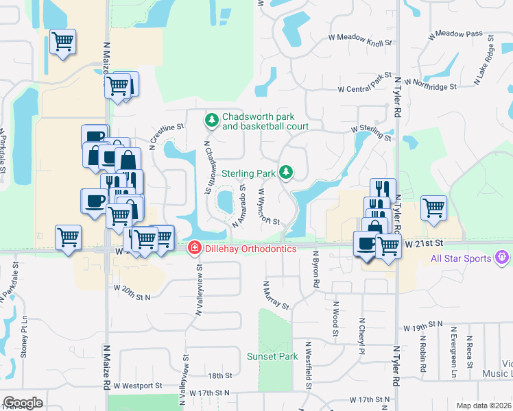 map of restaurants, bars, coffee shops, grocery stores, and more near 9455 West Wyncroft Street in Wichita