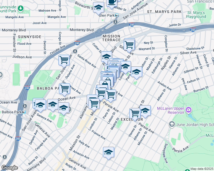 map of restaurants, bars, coffee shops, grocery stores, and more near 4592 Mission Street in San Francisco