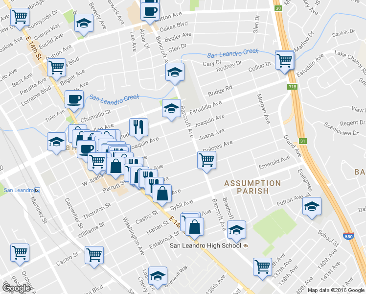 map of restaurants, bars, coffee shops, grocery stores, and more near 555 Juana Avenue in San Leandro