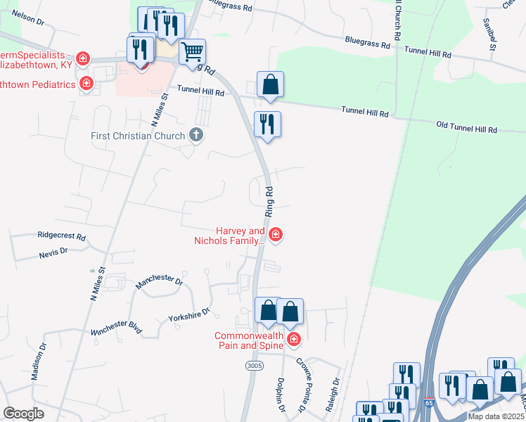 map of restaurants, bars, coffee shops, grocery stores, and more near 1300 Farmingdale Drive in Elizabethtown