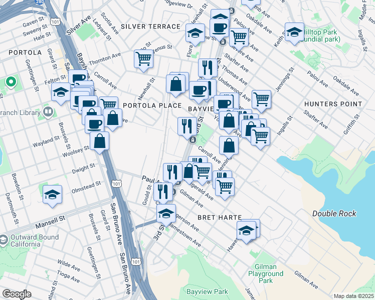 map of restaurants, bars, coffee shops, grocery stores, and more near 1625 Carroll Avenue in San Francisco