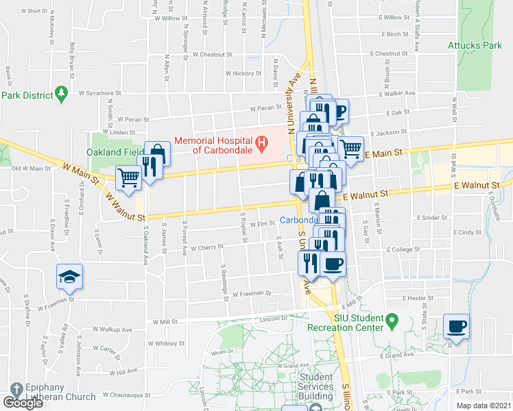 map of restaurants, bars, coffee shops, grocery stores, and more near 404 W Walnut St in Carbondale