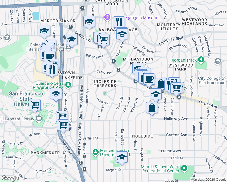 map of restaurants, bars, coffee shops, grocery stores, and more near 1 Entrada Court in San Francisco