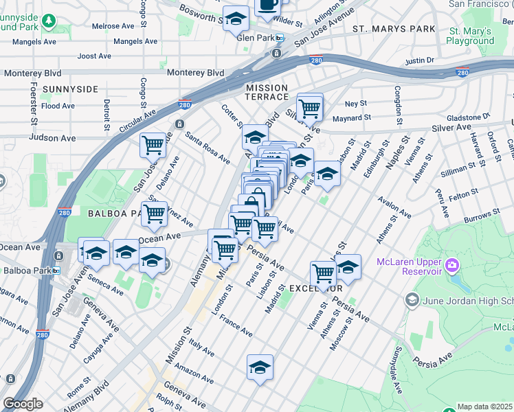 map of restaurants, bars, coffee shops, grocery stores, and more near 4592 Mission Street in San Francisco