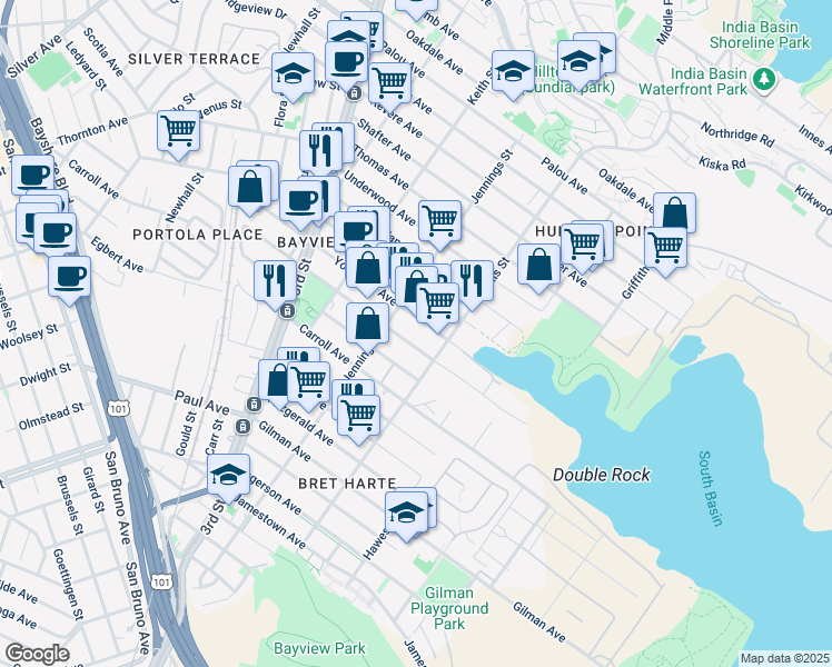 map of restaurants, bars, coffee shops, grocery stores, and more near 1462 Armstrong Ave in San Francisco