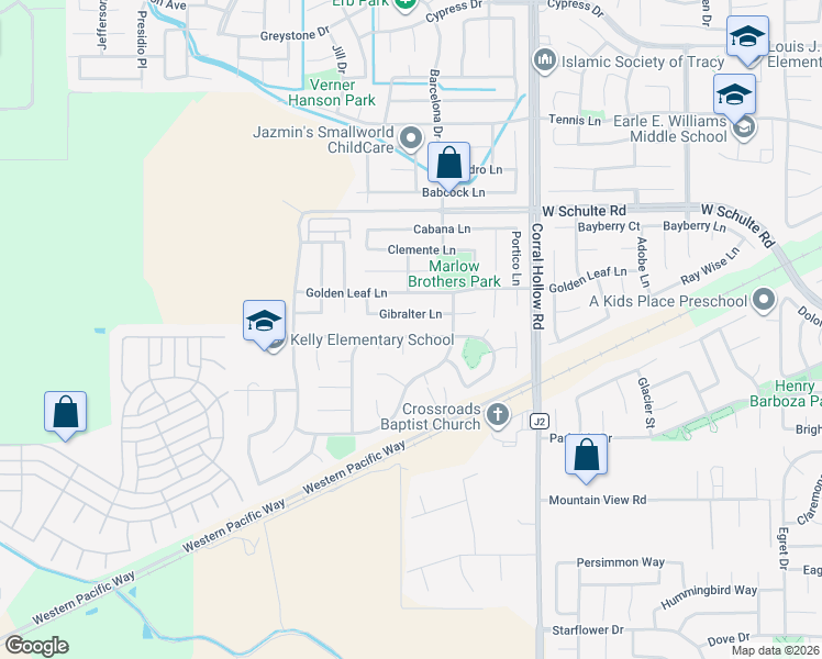 map of restaurants, bars, coffee shops, grocery stores, and more near 2261 Robert Gabriel Drive in Tracy