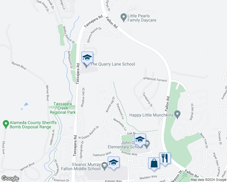 map of restaurants, bars, coffee shops, grocery stores, and more near 6063 Round Hill Drive in Dublin