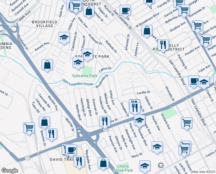 map of restaurants, bars, coffee shops, grocery stores, and more near 747 Arthur Avenue in San Leandro