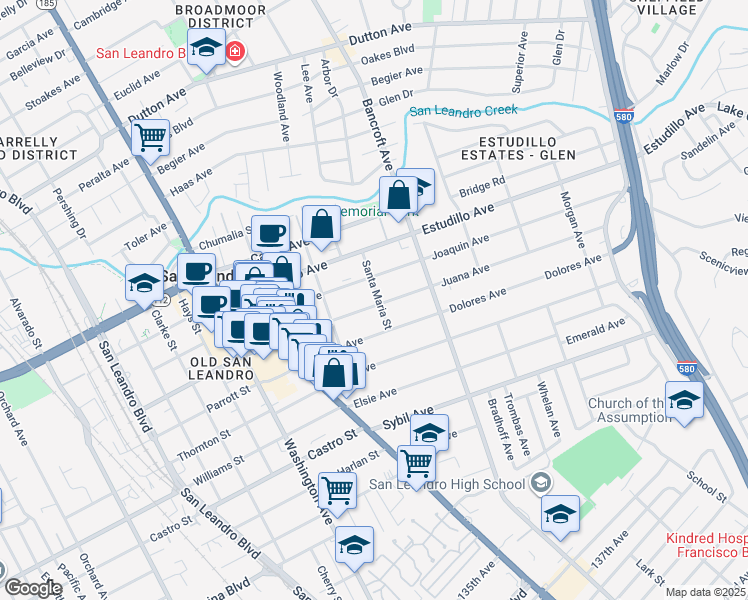 map of restaurants, bars, coffee shops, grocery stores, and more near 494 Juana Avenue in San Leandro