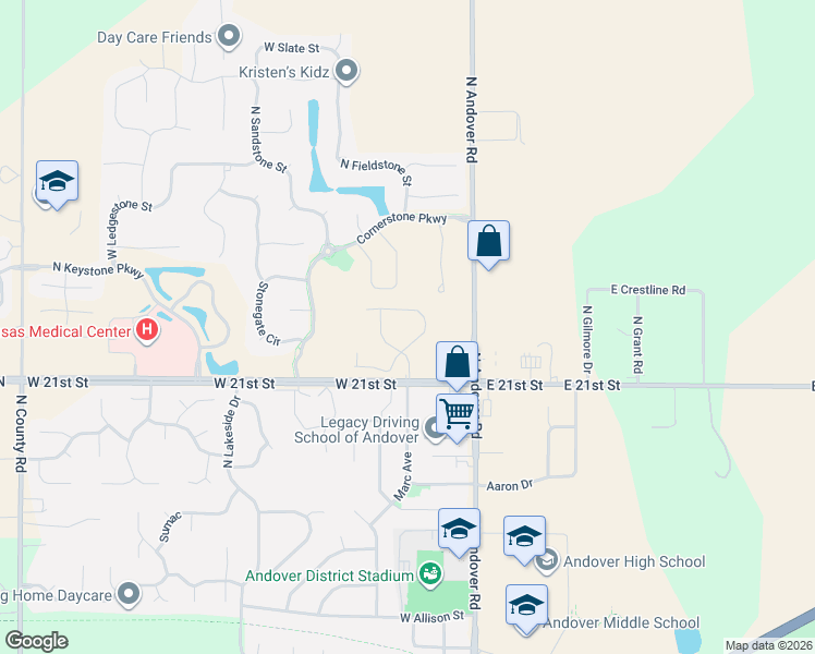 map of restaurants, bars, coffee shops, grocery stores, and more near 2257 North Andover Road in Andover