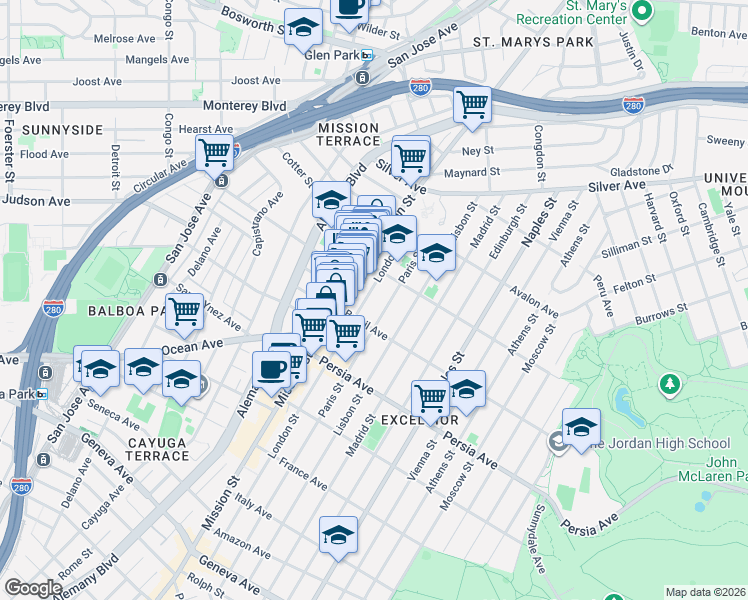 map of restaurants, bars, coffee shops, grocery stores, and more near 234 Paris Street in San Francisco